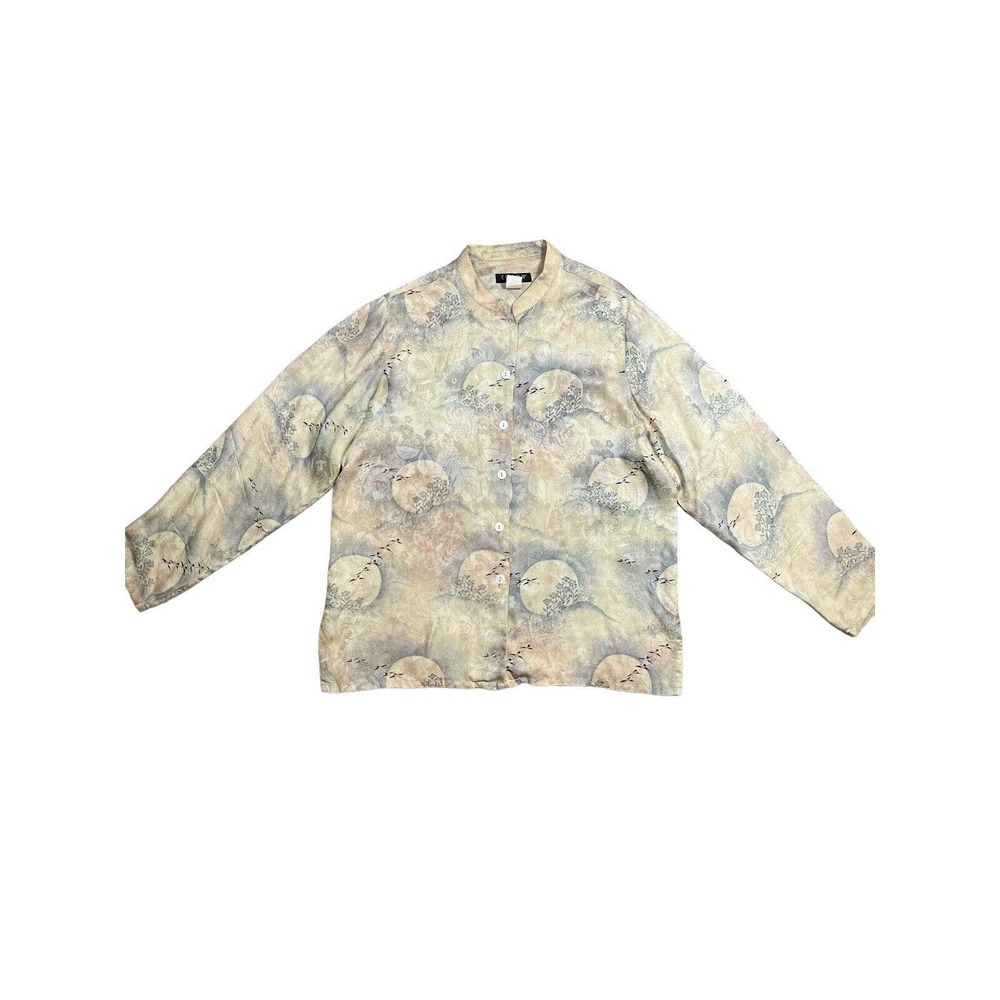 Citron Santa Monica 100% Silk Asian Inspired Landscape‎ Print Blouse Size Large